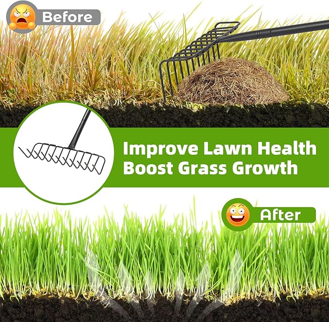 Rake, Heavy Duty Garden Rake with 11 Tines, 51 Inch Handle, 16 Inch Wide, Metal Garden Thatch Leaf Rakes for Raking Gathering Mulch,Metal Bow Rakes for Lawn Yard Bushes Pine Needles Leaves Grass