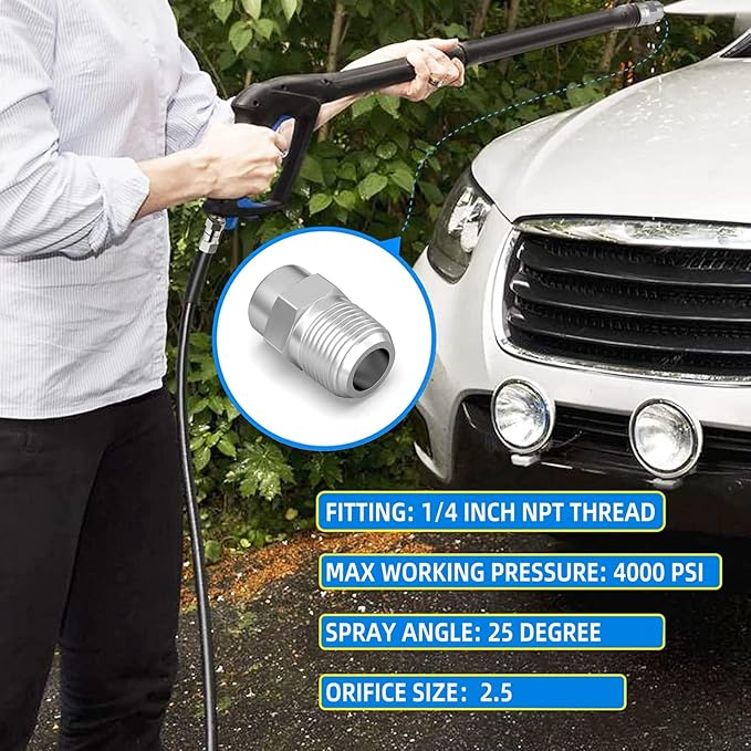 25 Degree Surface Cleaner Tips, 1/4 Inch NPT Male, 2.5 Orifice, 4000 PSI Threaded Spray Nozzles, Replacement for Water Gun, Water Broom and Surface Cleaner (10-Pack)