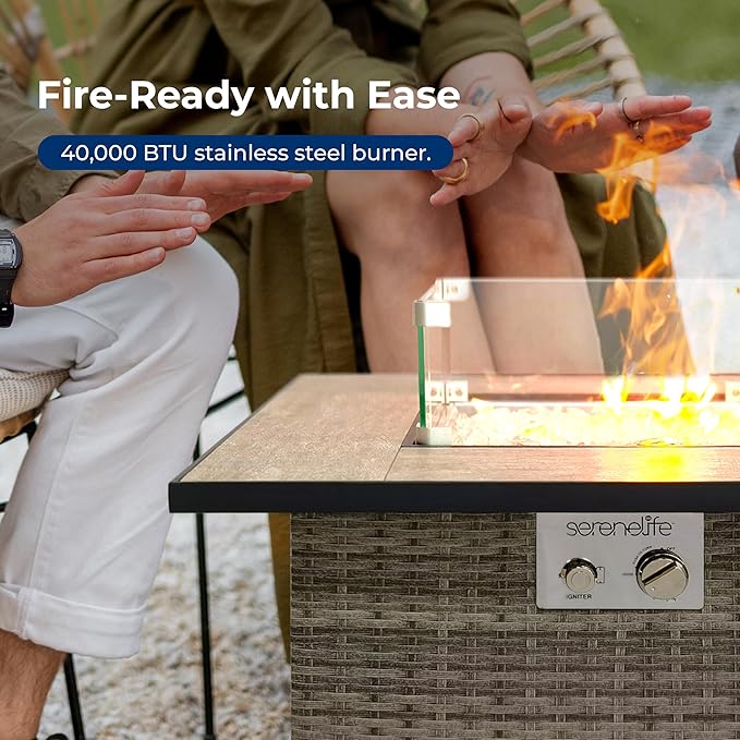 Outdoor Propane Fire Pit Table - CSA/ETL Certified Safe 50,000 BTU Pulse Ignition Weatherproof Square Wicker Propane Gas Fire Table w/Tile Tabletop Adjustable Flame - Glass Rocks