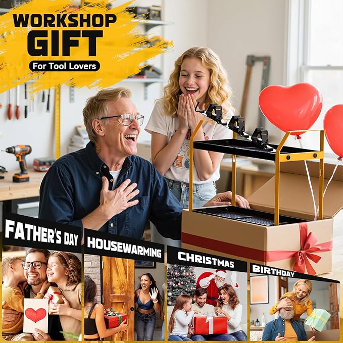 Power Tool Organizer Wall Mount with Broom Holder Combo, Yellow & Black 3-Tier Garage Storage Rack with Battery Storage, 4 Drill Holder Slots, Heavy Duty Steel 150LB Capacity