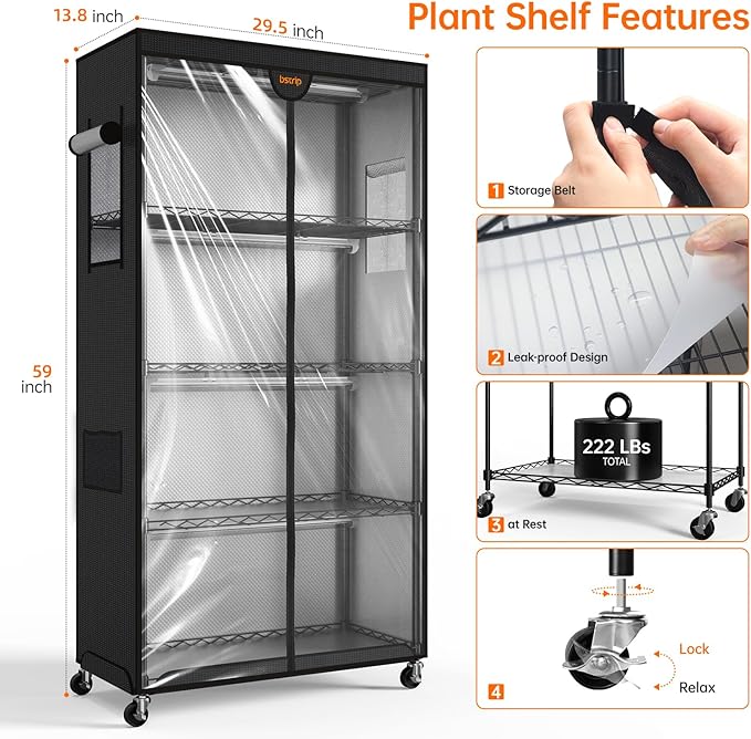 Indoor Greenhouse with Grow Light, Plant Stand with 4 Pack 24W Full Spectrum Plant Lights , Plant Shelf with Tent for Indoor Plant, Seed Starting, Seed Tray, 29.5"x13.8"x59"