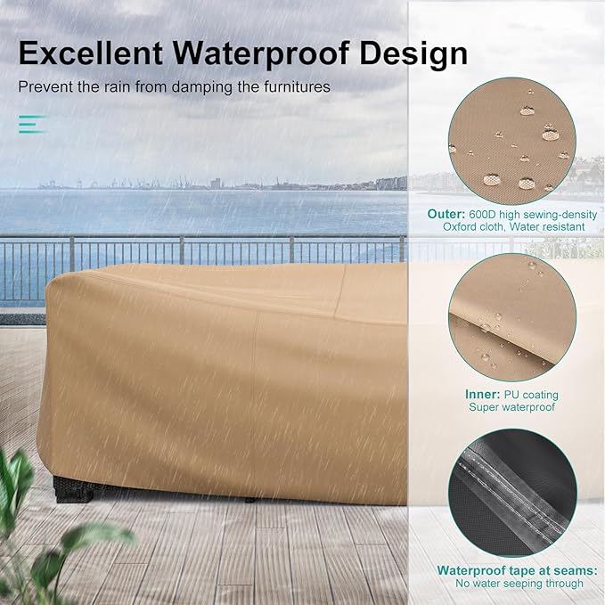 Patio Furniture Set Cover Waterproof, Heavy Duty Funiture Covers for Outdoor Sectional Sofa Set Wicker Rattan Table Chair Rectangular,108"L×82"W×28"H,Brown