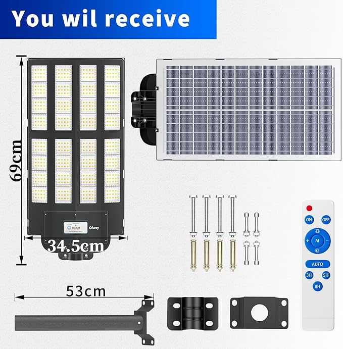 Ofuray Of-6200W Solar Street Lights Outdoor, 620000LM Solar Security Flood Light Parking Lot Lights Dusk to Dawn, 6500k Waterproof Led with Remote Control Motion for Street,Court,Barn