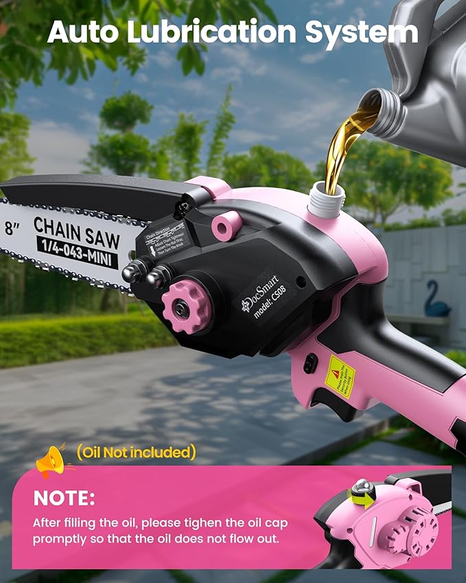 Mini Chainsaw Cordless, 8 inch & 6 inch Electric Chain Saw with 2 Pack Rechargeable Batteries, Battery Powered Handheld Saw Men Gifts for Trees Branches Trimming Wood Cutting, Pink