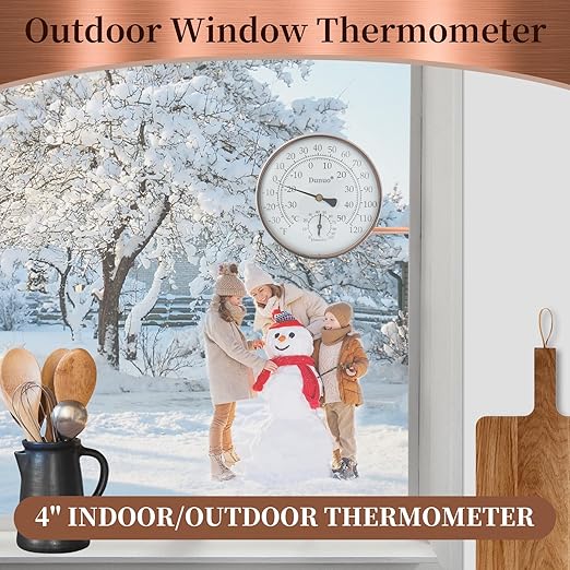 Outdoor Thermometer - Weatherproof & Decorative Outside Temperature Gauge for Window, Greenhouse Accessories and Patio (Easy-Read Brass Swivel Design) (4inch with Longer arm)