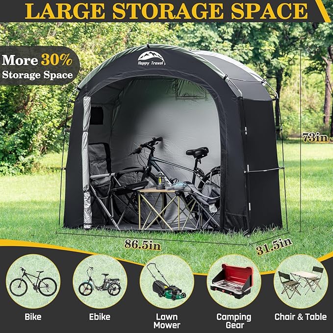 Happy Travel Bike Storage Shed Tent, Waterproof Portable Bicycle Cover with 30% More Top Storage Space for 2/3/4/5 Bikes,Clips Easy Setup Outdoor Sheds Shelter for Motorcycle, Garden Tools, Lawn Mower