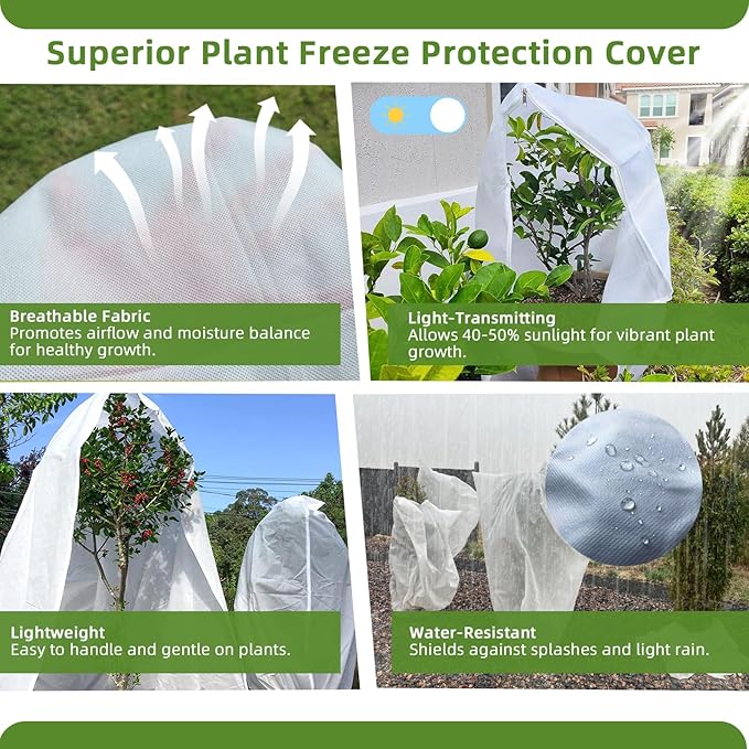 2 Pack Plant Covers Freeze Protection, 40"W x 45"H Winter Frost Blanket 2.36 oz/yd² Fabric Frost Cloth Tree Covers Shrub Jacket Bag with Zipper & Drawstring for Plants Fruit Tree Shrub Potted - White