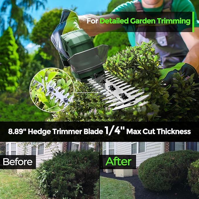 Cordless Hedge Trimmer with Battery - 2-in-1 21V Grass Shears Handheld, Electric Shrub Trimmer Kit for Garden, Yard and Lawn, Charger Included (Forest Green)