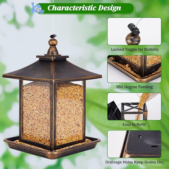 3.5 Lb Capacity of Plastic Hanging Bird Feeder,Large Bird Feeders for Outdoors with The Locked Toggle Design,Hanging for Garden,Yard and Decoration Outside,Weatherproof,Brown