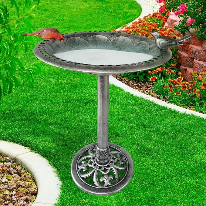 Outdoor Garden Bird Bath - Silver - Weather Resistant Polyresin - 30 Inch - Backyard Expressions