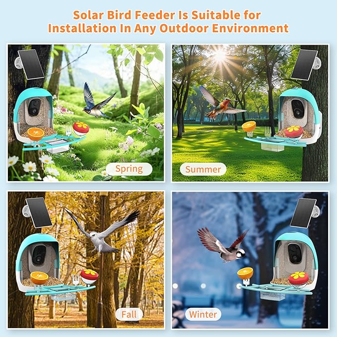 2025 New Smart Bird Feeder with Camera, 2.4GHz WiFi Solar Bird Feeder - 2K HD Live Video Camera AI Identify Birds, Instant Arrival Alerts, Birds Lover Gifts