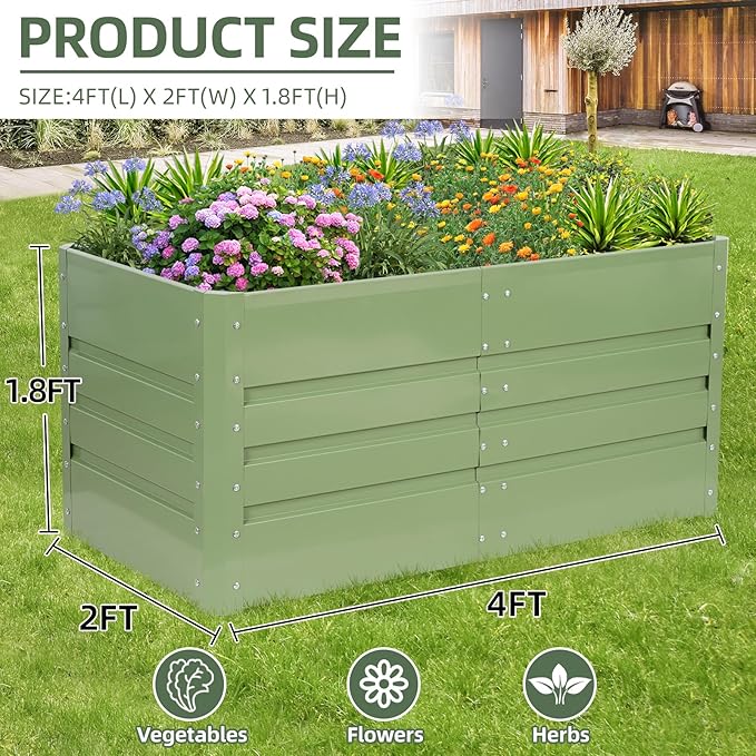 1MORE Raised Garden Bed- 4x2x1.8ft Planter Garden Boxes Outdoor, Raised Beds for Gardening, Large Metal Garden Bed Kit for Vegetables Flower, Deep Root Planter Raised Beds with Tools.Green,2pack