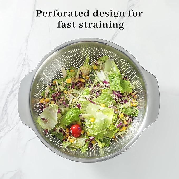 18/8 Stainless Steel Microwell Colander, 3.5QT Large Capacity with Handle Kitchen Food Strainer Basket for Washing Vegetables, Fruits, Rice, and Pasta (primary colour, 3.5QT)