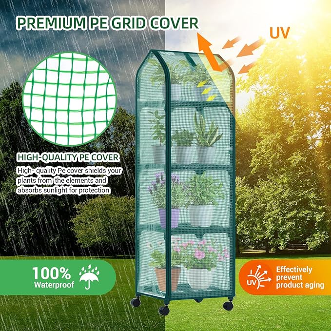 Ohuhu Mini Greenhouse for Indoor Outdoor, Small Plastic Plant Green House with Locking Wheels Portable Greenhouses with Durable Cover for Seedling, Ideal Gardening Gifts for Women Men Green