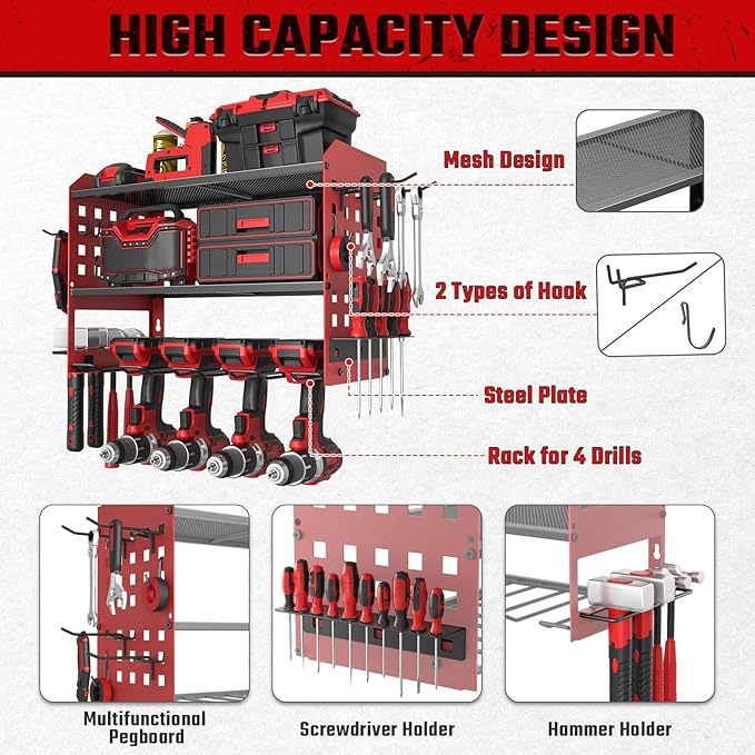 SPACECARE Power Tool Organizer, Drill Holder Wall Mount with 2 Side Pegboards with Hooks, 3 Layer Garage Organization Heavy Duty Tool Organizers Utility Rack for 4Drill Holders Red
