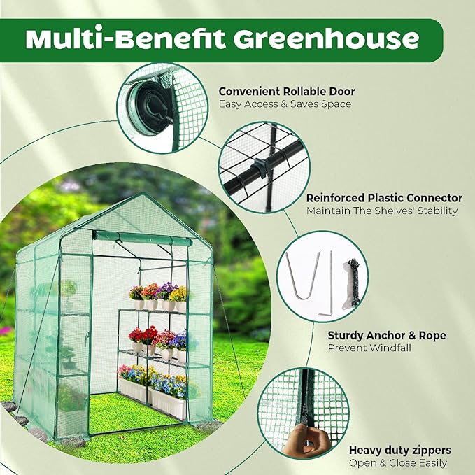 IDZO Walk in Greenhouse, Outdoor Greenhouse with Durable PE Cover & Sturdy Steel Frame for All Seasons, Convenient Rollable Door, Anchor & Rope Included for More Stable Stand, Easy to Install