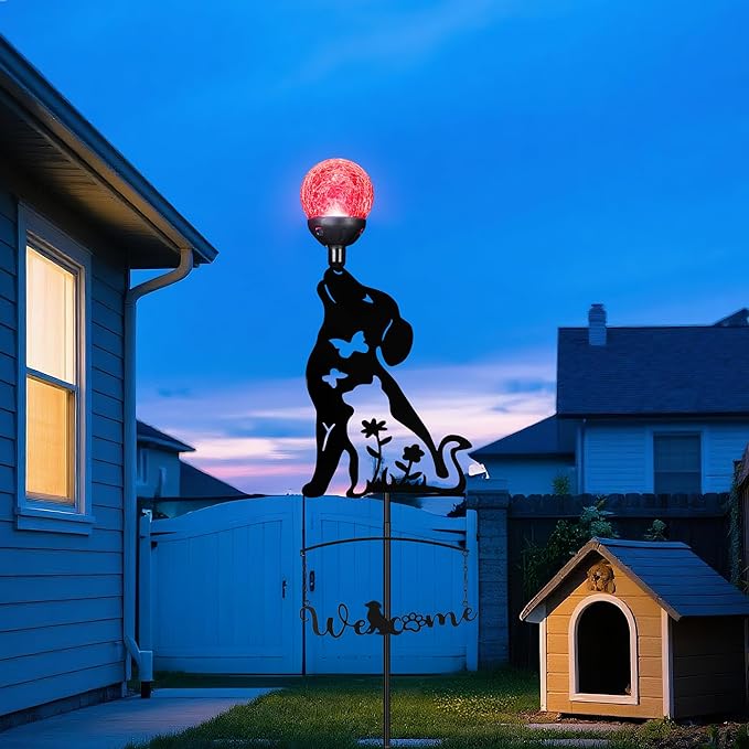Solar Dog Light Outdoor Decorative,Metal Black Dog&Cat Silhouette Solar Garden Stake,Multi-Colored Changing Glass Ball with LED Light,Welcome Yard Sign Lawn Ornament Decor Gifts for Women