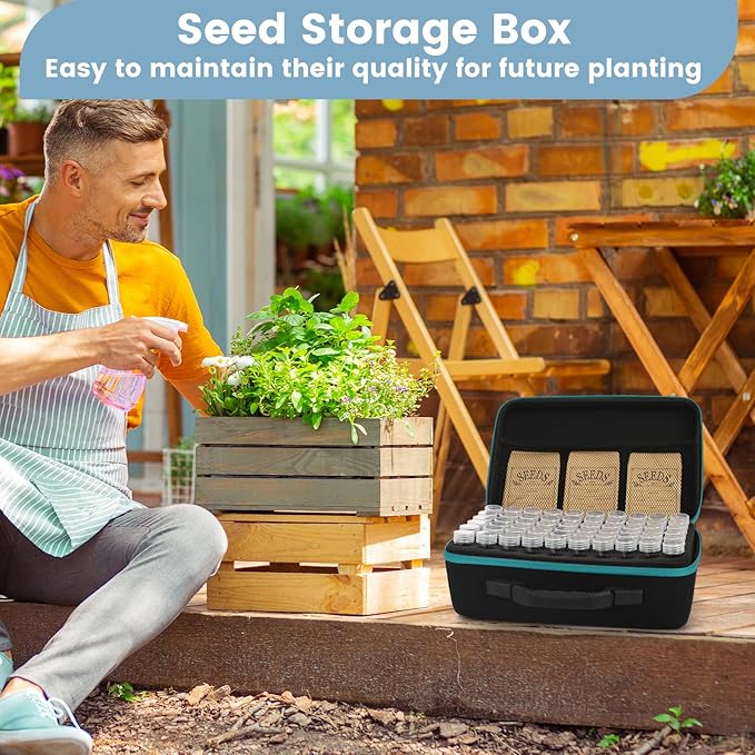 120 Slots Seed Storage Box with 25 Envelopes and Tools, Large Sturdy Storage Organizer for Garden Plant Seeds, Seed Bank with Zipper, Label, Funnel, Tweezers, Tray (Seeds Not Included)