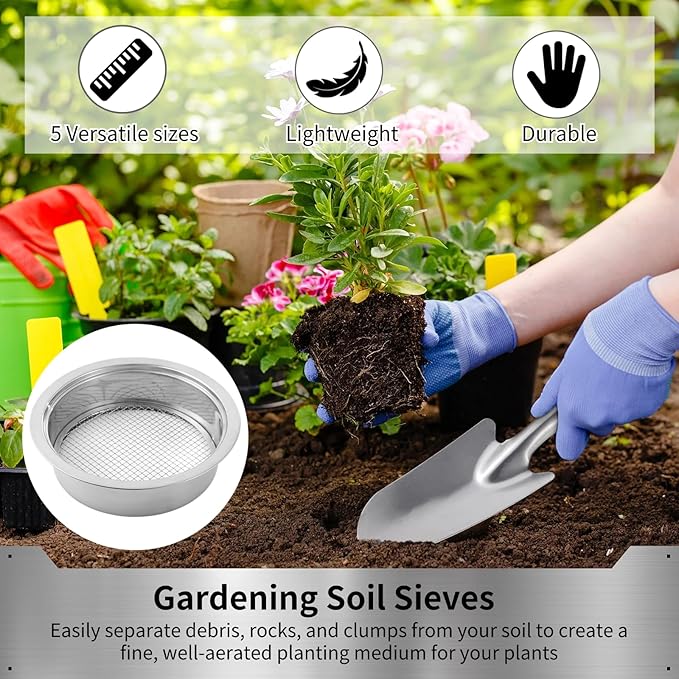 Soil Sifter Stainless Steel Riddle Sieve Set for Gardening with 5 Sizes 8" Diameter 1/3/6/9/12mm Interchangeable Meshes - Garden Potting Sieves with Shovel - Planting Soil Sifters Strains