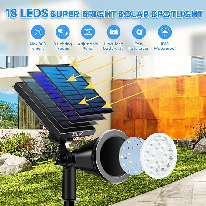 KEV 800 Lumens Solar Spot Lights Outdoor,4 Pack 18 LEDs Solar Flood Lights with 2 Modes &Adjustable &IPX65 Waterproof,Solar Spotlight for Driveway/Backyard/Patio Landscape/Tree/Garage(Warm White)