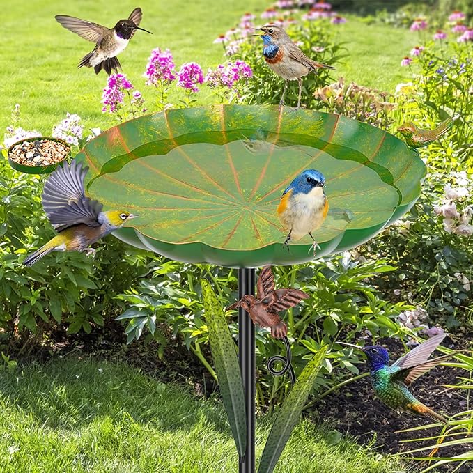 Metal Bird Bath for Outside, Detachable Birdbath Sturdy 5-Prong Stake Base with Bowl & Decorative Birds, Durable Iron Garden Birdbath Feeder for Outdoor Garden Yard Patio Decor(Retro Green)
