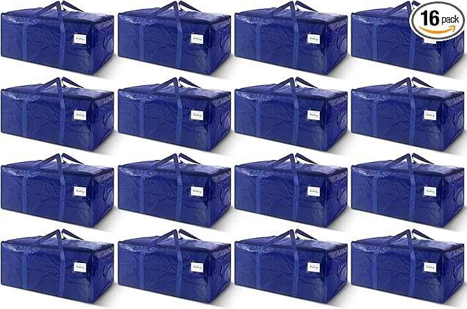 16 Pack Extra Heavy Duty Large Moving Bags with Strong Zipper & Carrying Handles, Sturdy Clothes Storage Bags Totes Bins, Packing Moving Boxes College Supplies, Dark Blue - 40 gal