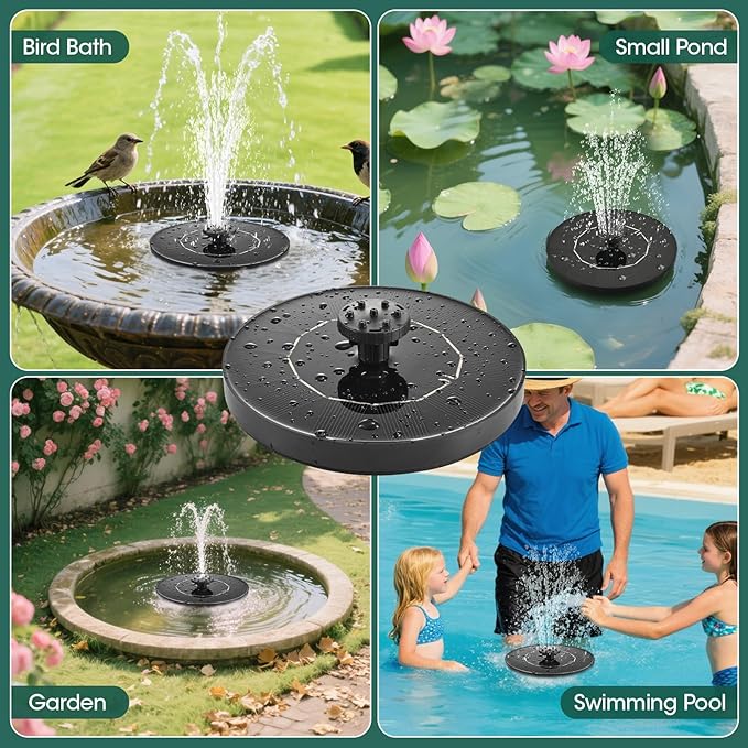1W Solar Bird Bath Fountain Pump, Solar Fountain, Solar Powered Water Pump, Outdoor Water Fountain with 6-in-1 Nozzles, Free Standing Floating Solar Powered for Bird Bath, Garden, Pond, Pool, Outdoor
