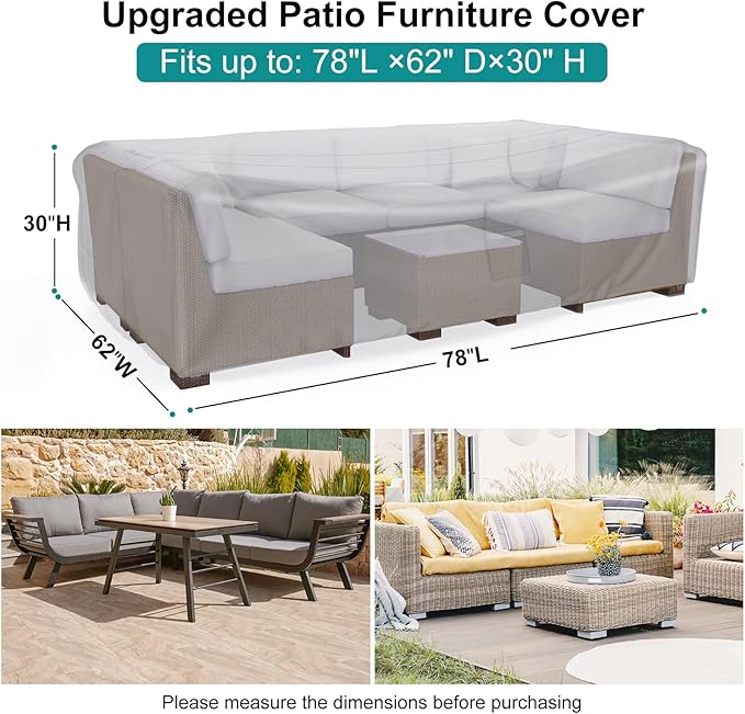 Patio Furniture Set Cover Waterproof, Heavy Duty Funiture Covers for Outdoor Sectional Sofa Set Wicker Rattan Table Chair Rectangular,78"L×62"W×30"H,Grey