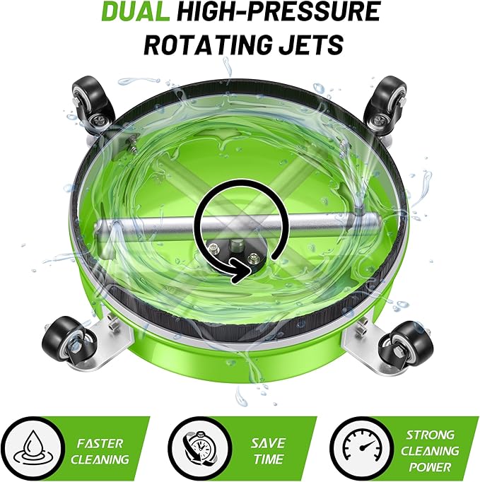 14" Pressure Washer Surface Cleaner with 4 Wheels - Coated Green Stainless Steel Surface Cleaner for Pressure Washer Attachment for Concrete, Patio, Sidewalk, Deck and Driveways - PWS14G