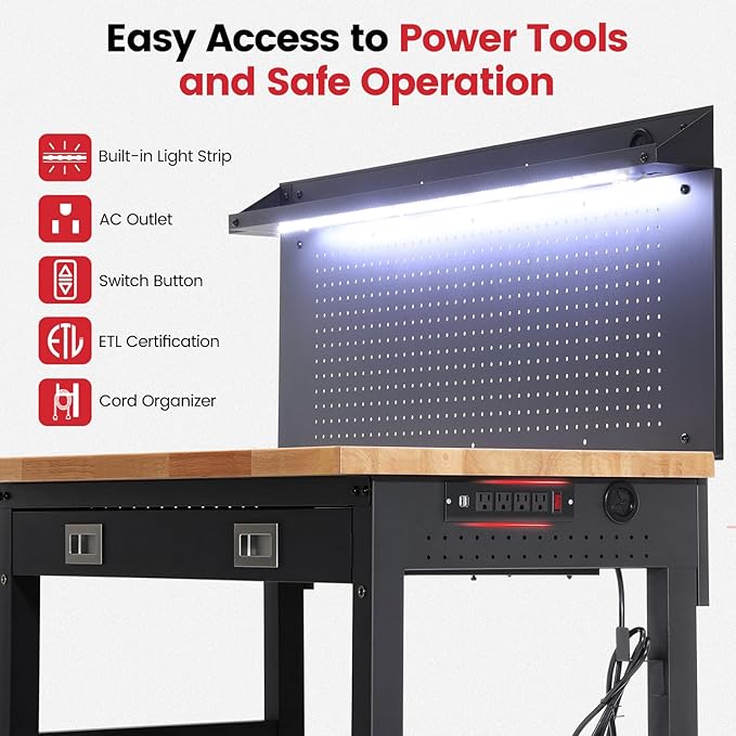 Work Bench for Garage 48 Inch Heavy Duty Rubberwood Tabletop Workbench with Wheels, Pegboard, Drawers, Power Outlets Adjustable Height Work Table for Home, Office, Workshop