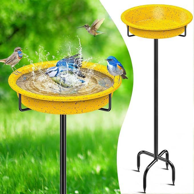 Metal Bird Bath for Outside, Freestanding Birdbaths Detachable Decoration Spa Birdfeeder, Bird Baths Feeder Bowl for Outdoors Garden Patio Yard Lawn Decor(Yellow)