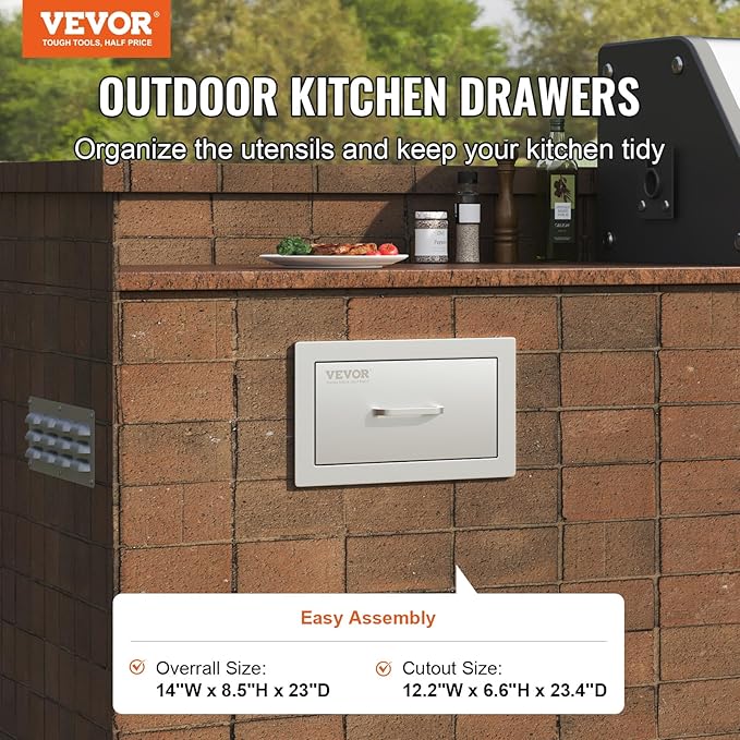 VEVOR 14x8.5 Inch Outdoor Kitchen Drawers Stainless Steel, Flush Mount Double Drawers,14W x 8.5H x 23D Inch, with Stainless Steel Handle, BBQ for Outdoor Kitchens or BBQ Island