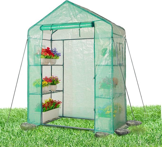 IDZO Walk in Greenhouse, Outdoor Greenhouse with Durable PE Cover & Sturdy Steel Frame for All Seasons, Convenient Rollable Door, Anchor & Rope Included for More Stable Stand, Easy to Install