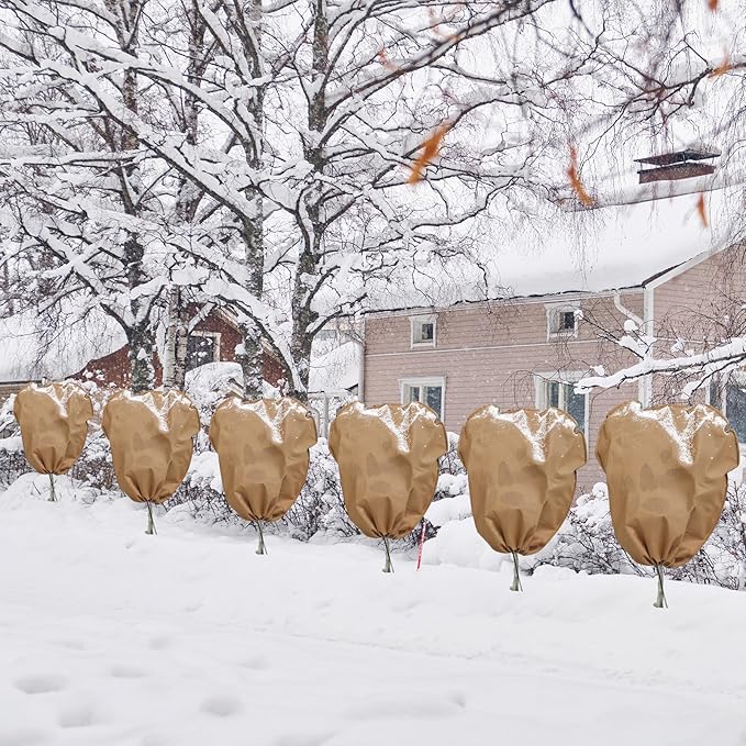 12 Pcs Winter Plant Covers Freeze Protection Reusable Plant Protector Bag with Drawstring Warm Shrubs Cover Frost Protection Planting Jacket Bags for Outdoor Garden, Brown (23.6 x 31.5 Inch)