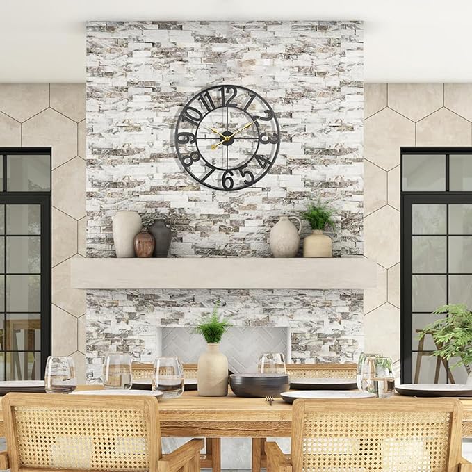 Indoor Outdoor Large Patio Decorative Wall Clock Silent Non Ticking Battery Operated, 16 Inch Modern Black Metal Wall Clock for Pool Area, Living Room, Farmhouse, Kitchen