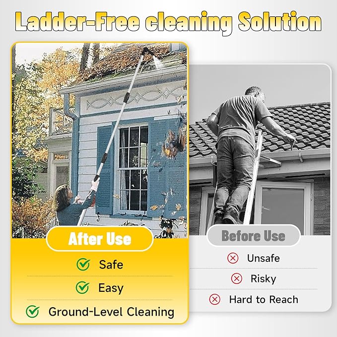 12ft (20ft Reach) Gutter Cleaning Tools from The Ground, Telescoping Rain Gutter Cleaner Tool, 270° Rotatable Gutters Cleaning Wand, Gutters Cleaning Hose Attachment & Connection Adapter