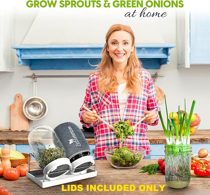 Sprouting Lids & Green Onion Regrower for Wide Mouth Mason Jars. Sprouts Growing Kit for Bean Sprouts, Broccoli Organic Sprouts