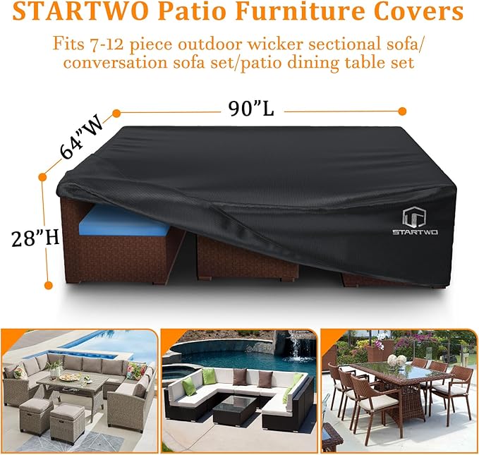STARTWO Patio Furniture Covers Waterproof, Heavy Duty Outdoor Furniture Cover for Sectional Sofa and Table Chairs Set,90"x64"x28", Black