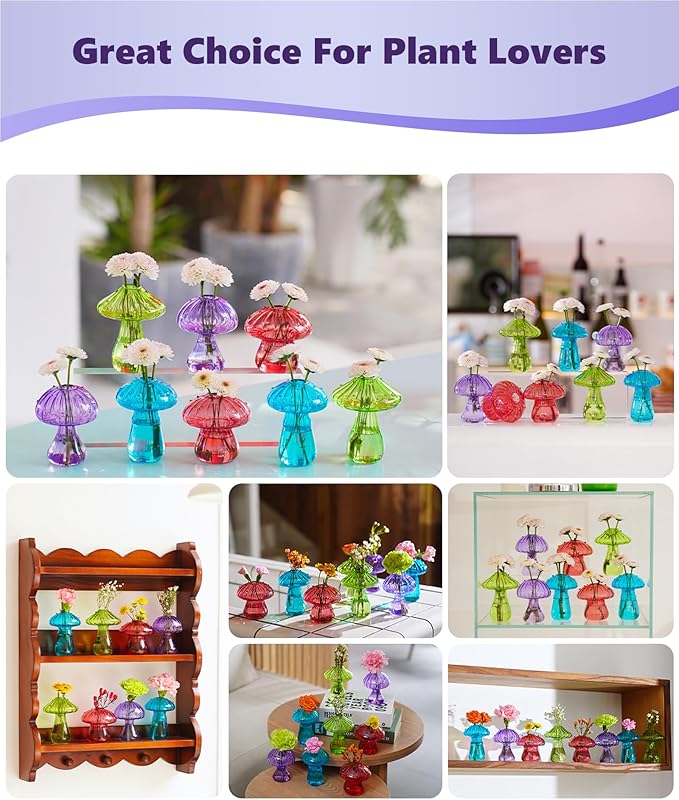 Nacome Mushroom Glass Propagation Station for Plants: Set of 8 Colored Vases Terrarium Kit for Home Office Indoor Hydroponics Decor - Birthday Gifts for Women Mom Grandma