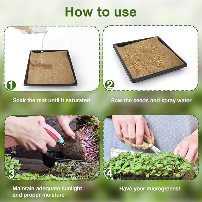 Microgreens Growing Kit, 12Pcs Hemp Mats with 6Pcs 10x10inch Growing Trays for Micro Greens Seeds Sprout, Herb Plant Starting Kit with Jute Pads for Indoor Germination Sprouts (Non-Hole Trays)