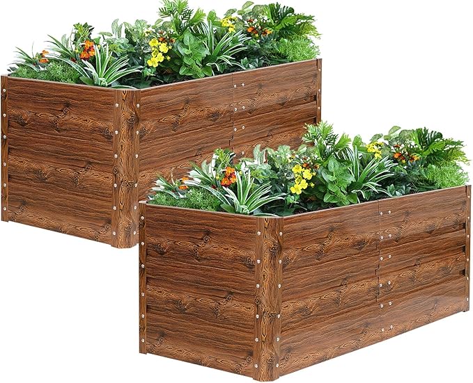 1MORE Raised Garden Bed- 4x2x1.8ft Planter Garden Boxes Outdoor, Raised Beds for Gardening, Large Metal Garden Bed Kit for Vegetables Flower, Deep Root Planter Raised Beds with Tools.Grain,2pack