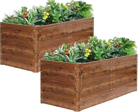 1MORE Raised Garden Bed- 4x2x1.8ft Planter Garden Boxes Outdoor, Raised Beds for Gardening, Large Metal Garden Bed Kit for Vegetables Flower, Deep Root Planter Raised Beds with Tools.Grain,2pack