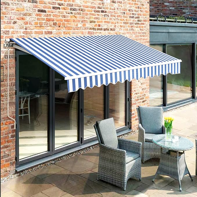 MCombo 11.5x9.5 Feet Manual Retractable Patio Door Window Awning Sunshade Shelter Outdoor Canopy,1210 (Ocean Blue with White Stripes, 11.5'(L) x 9.5'(W))