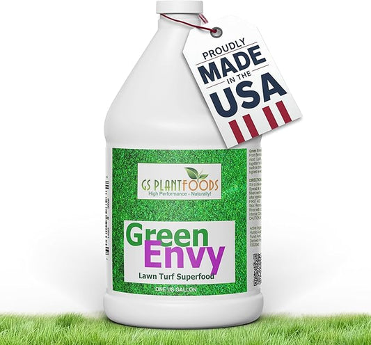 GS Plant Food Green Envy Liquid Lawn Food - Summer-Ready Organic Fertilizer for Heat-Stressed Lawns, All Grass Types (1 Gallon)