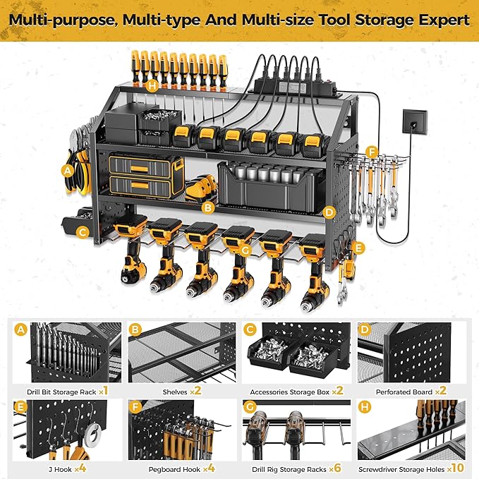 LBT 4 Layer Power Tool Organizer Wall Mount With Charging Station, Patented, 6 Outlet Power Strip, 6 Drill Holder, Heavy Duty Metal Garage Tool Storage Rack, Gifts For Men Fathers Day