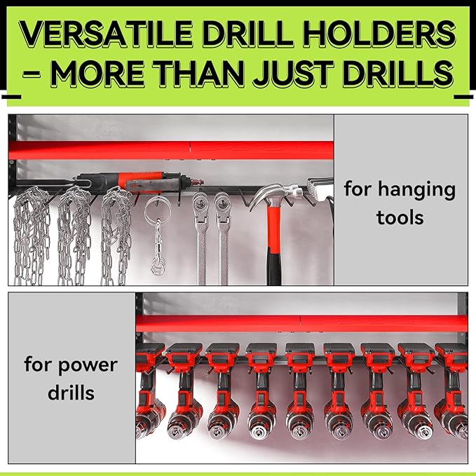 KAFAHOM Power Tool Organizer with Charging Station,9 Drill Holder Wall Mount,4 Layer Heavy Duty Metal Cordless Drill Storage for Garage Organization,Battery Tool Rack Built in 7 Outlet Power Strip Red