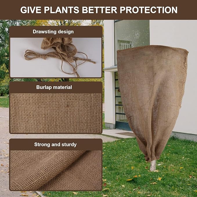 3 Pack 24'' x 40'' Reusable Warm Burlap Winter Plant Cover Bags with Drawstring Burlap Plant Covers Freeze Protection Large Plant Frost Cloth Cold Freeze Blanket Protecting Fruit Tree Potted Plants
