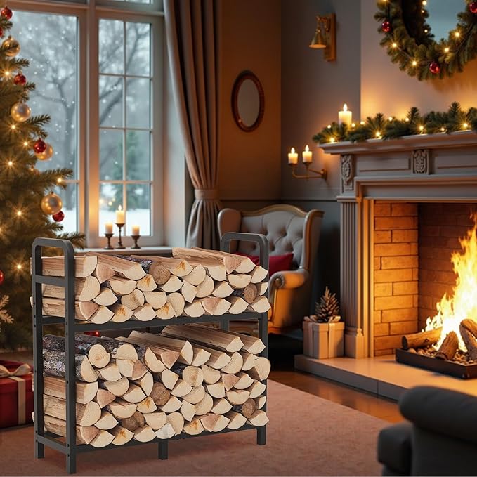 2-Tier Large Firewood Rack Outdoor Indoor with Log Carrier Bag, 30" Stable Log Holder Rustproof Metal Wood Rack for Fireplace Patio Deck Firepit, Heavy Duty Firewood Storage Organizer Tool