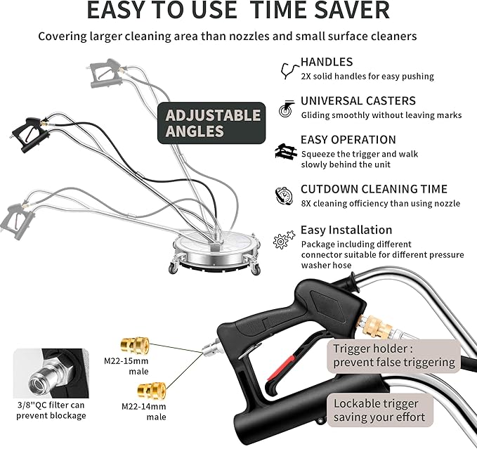 24" Pressure Washer Surface Cleaner with 4 Wheels - Stainless Steel Dual Handle Surface Cleaner for Pressure Washer Attachment for Concrete, Patio, Sidewalk, Deck and Driveways - PWS 24
