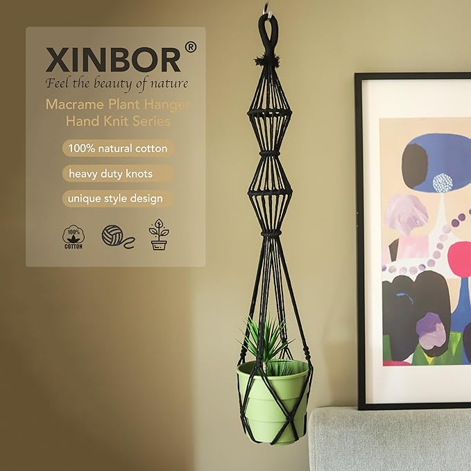 2Pcs Macrame Plant Hangers Indoor Macrame Hanging Planters Large for up to 10 inch Pot No Tassels Long Crochet Boho Plant Hanger Holder for Indoor Outdoor Plants Different Size 35”/39" (Black)